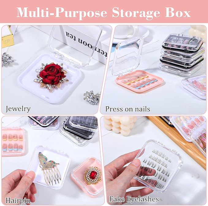 32 Pack Press on Nail Storage Boxes with 60 Adhesive Tapes – Acrylic Nail Organizer for Salon, Travel & Gifting (4 Colors: Pink, Black, White, Clear)