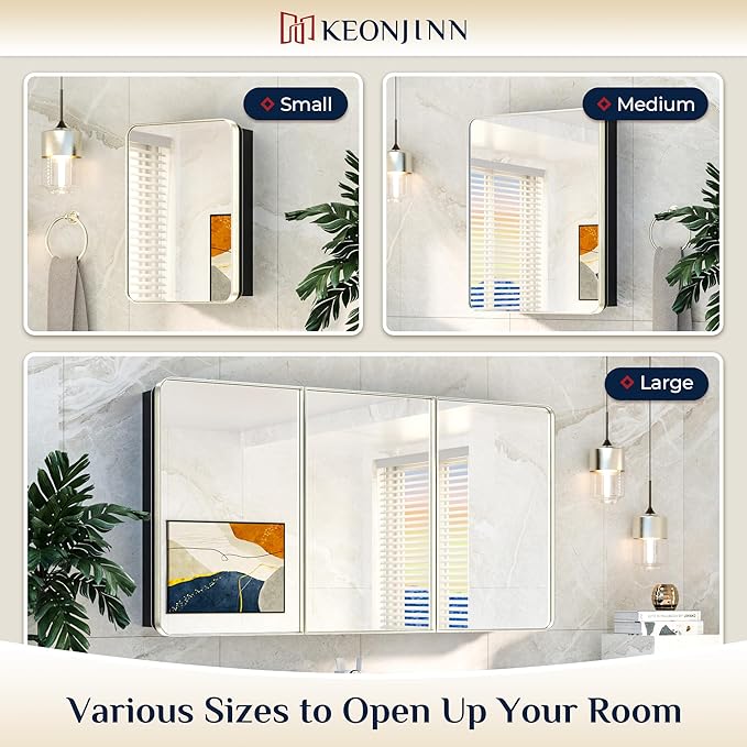 Keonjinn Brushed Nickel Medicine Cabinet for Bathroom, 16 x 24 Inch Medicine Cabinet with Mirror, Stainless Steel Framed, Stepless Adjustable Shelves, Recessed or Wall Mount, Sturdy, Rounded Rectangle