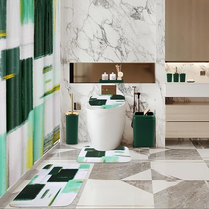 XLHOMO Bathroom Set - Dark Green and Gold Bathroom Accessories Set, Bathroom Sets with Shower Curtain and Rugs, Green Shower Curtain Set with Bathroom Trash Can, Soap Dispenser, Soap Dish for Home