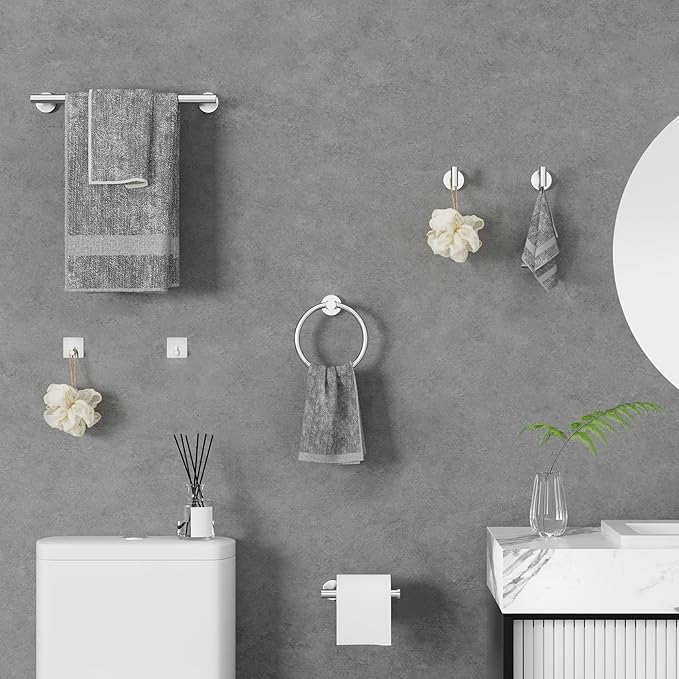 Round Brushed Nickel Bathroom Hardware: 8 Pieces Stainless Steel Bath Accessories Set - Including Wall Mounted Towel Rack&Toilet Paper Holder&Towel Ring&Robe Towel Hook