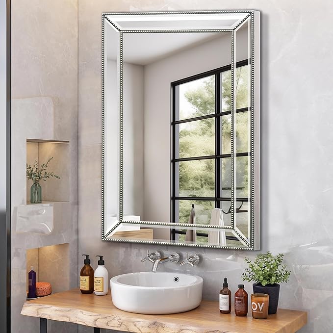 Bathroom Medicine Cabinet with Silver Metro Beaded Wooden Frame, 16x26 Inch Retro Bevel Mirror, Recessed or Surface Mount Bathroom Cabinet,Space-Saving Storage Cabinet