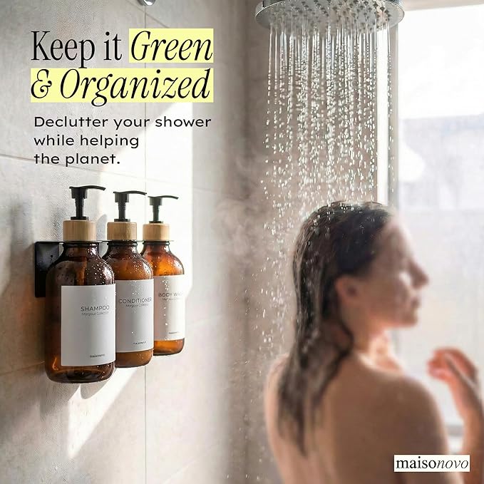 Shampoo and Conditioner Dispenser Wall Mounted Set of 3 Amber Bamboo - No Drill Shower Soap Dispenser for Bathroom Refillable - Spa Hotel Style Accessories by MaisoNovo