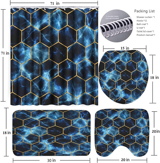 Poedist Shower Curtain Set with Rugs,Bathroom Accessory Set, Including Non-Slip Rugs,Toilet Lid Cover and Bath Mat, Waterproof Shower Curtain with 12 Hooks,Lightning Honeycomb Marble