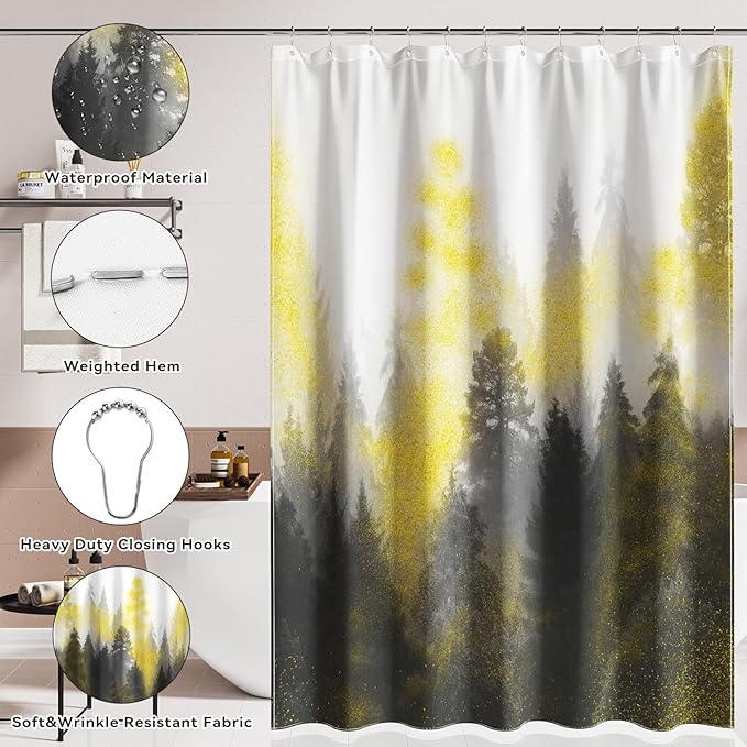 Gray and Gold Bathroom Accessories, Bathroom Sets with Shower Curtain and Rugs, Bath Rugs Accessory Set with Bathroom Trash Can, Soap Dispenser, Soap Dish for Home Decor