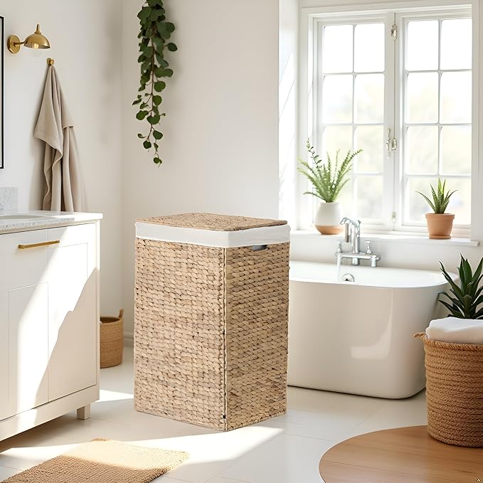 Nivora Water Hyacinth Laundry Hamper Brown 15 x 11.8 x 24 Inches - 64 Liters/18 Gallons with Removable Liner - Woven Organizer for Dirty Clothes, Bedroom Laundry, or Bathroom Towel Storage