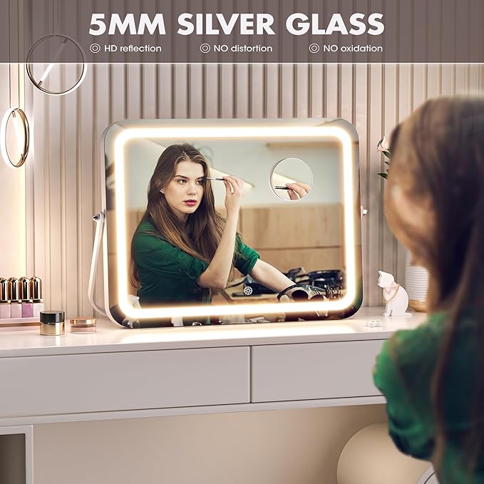 Hasipu Vanity Mirror with Lights, 15" x 11" LED Makeup Mirror, 3 Modes Light, Smart Touch Control Dimmable, 360ยฐRotation, Rectangle White Frame, with 5X Magnifying Glass