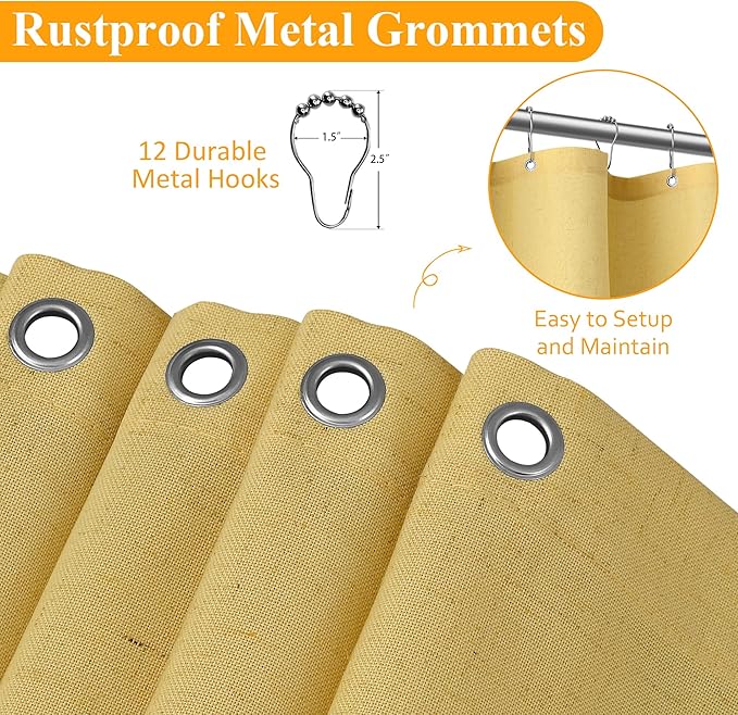 Naturoom Yellow Linen Shower Curtain, Country Boho Farmhouse Bath Decor Shower Curtains Neutral Cloth Weighted Textured Fabric Bath Curtain Liner with Hooks, 72x96