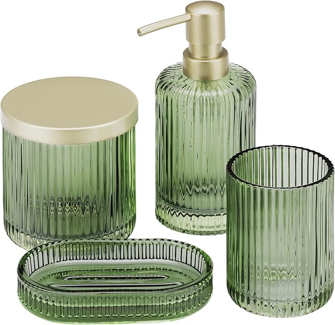 Navaris Glass Bathroom Accessories Set - Durable 4 Piece Accessory Set in Sage Green - Vanity Home Decor - Toothbrush Holder, Soap Dispenser, Cotton Jar & Soap Dish