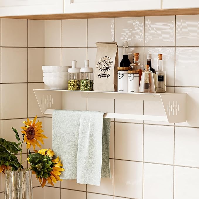 Qeke Bathroom Lavatory Towel Rack, Wall Mount Towel Holder Towel Hanger Shelf with Towel Bar, SUS 304 Stainless Steel Towel Rack for Bathroom and Lavatory, Matte White, 24 Inch