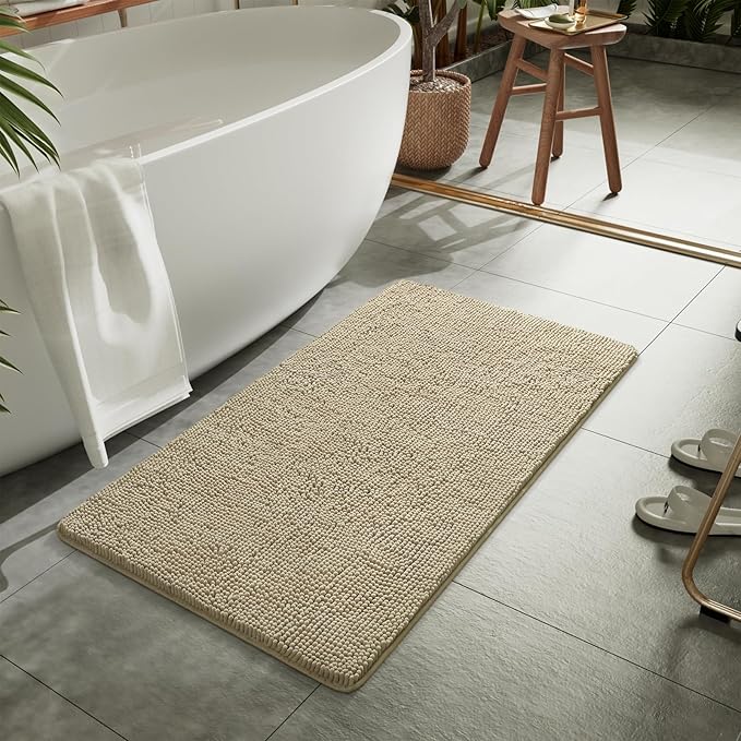 LOCHAS Luxury Bathroom Rug Shaggy Bath Mat 24 x 40 Inch, Washable Non Slip Bath Rugs for Bathroom Shower, Soft Plush Chenille Absorbent Carpets Mats, Beige