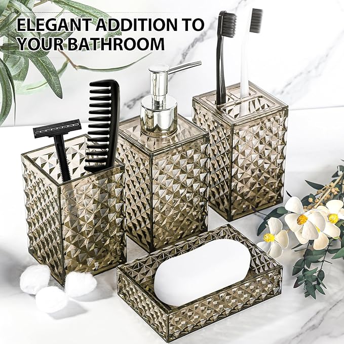 RYTOXILO Brown Bathroom Accessories Set, 4 Pack Acrylic Bath Accessory Sets Complete, Diamond Soap Dispenser and Toothbrush Holder Bathroom Counter Sink Set, Boho Modern Bathroom Decor