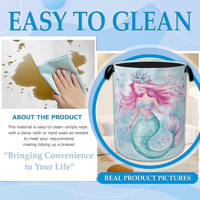 Cartoon Mermaid Laundry Basket Collapsible Laundry Hamper Clothes Toy Storage Bin for Bathroom Bedroom Room Decor 16" X 20.8"
