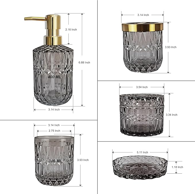 LaMarriti Gray Bathroom Accessories Set, 5Pcs Clear Glass Bathroom Sets, Soap Dispenser, Soap Dish, Toothbrush Holder Set, Cotton Swab Jar, Black and Gold Accent for Vintage Bathroom Decor, Gift Set