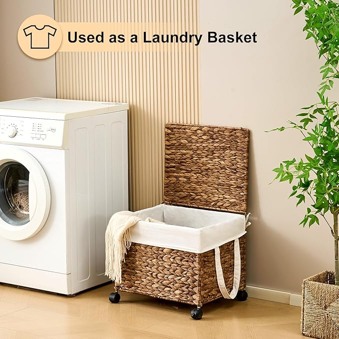 Rolling Hand-woven Laundry Hamper with Lid, Laundry Basket with Wheels for Laundry Room (Espresso, 60L)