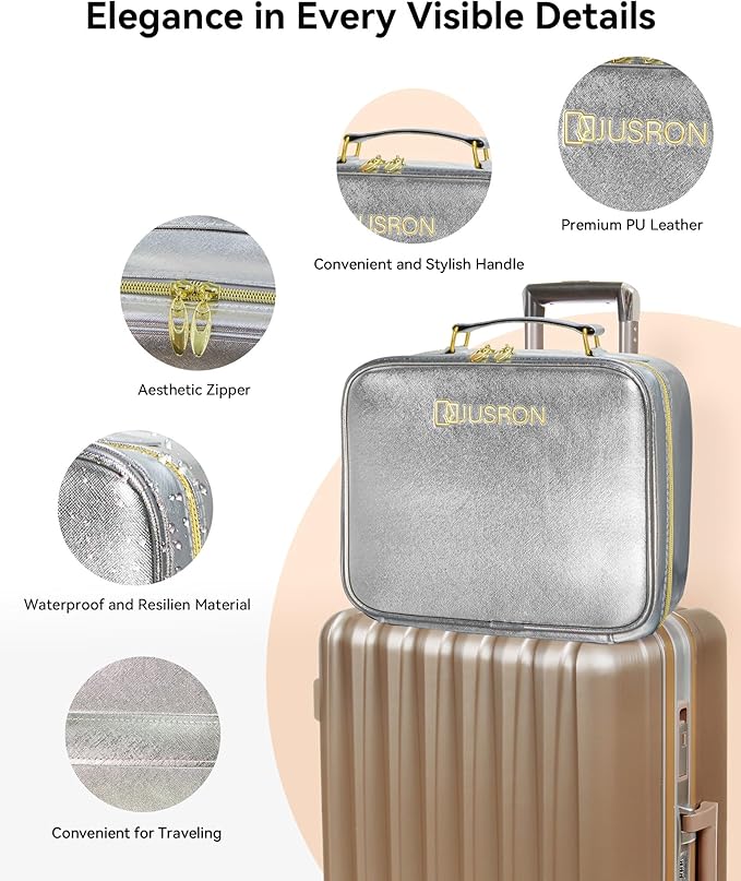 JUSRON Travel Makeup Bag With LED Mirror, Cosmetic Train Case with Light up Mirror, Portable Makeup Artist Organizer Bag with Adjustable Dividers, Makeup Brush Holder Storage (Sliver, Large)
