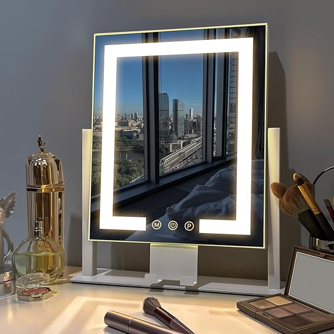 Kottova Vanity Mirror with Lights, 14" x 12" LED Makeup Mirror, Lighted Makeup Mirror with 10X Spot Mirror,Smart Touch 3 Colors Dimmable,360° Rotation, Plug in(White)