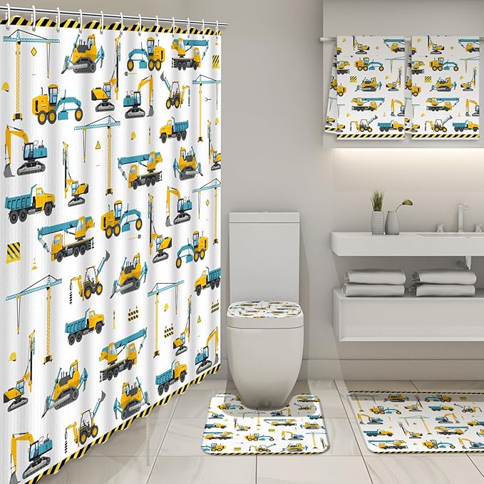 Nuanchu 6 Pcs Construction Shower Curtain Set with Rug Bathroom Sets with Shower Curtain Bath Mat U Shaped Mat Toilet Lid Cover 2 Bath Towels and 12 Hooks Excavator Tractor Bathroom Decor