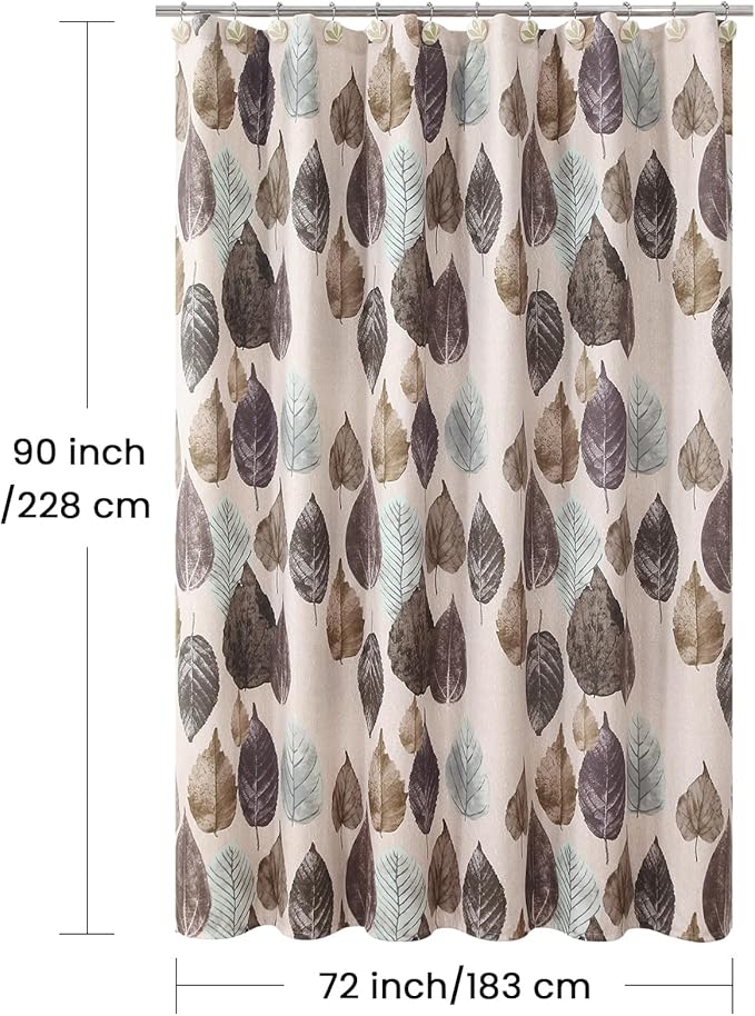 Extra Long Beige Shower Curtain 72x90 Inches, Waterproof Linen-Tone Fabric with Realistic Brown & Green Leaf Print, 12 Metal Grommets & Weighted Hem