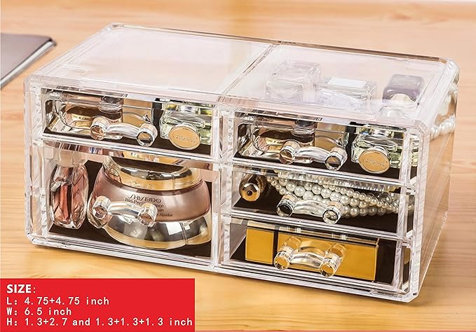 Cq acrylic 4 Pack Clear Makeup Organizer Countertop,Stackable 11 Drawers Skincare Organizer,Cute Skin Care Organizer for Vanity Hair Clip,Jewelry,Beauty Product Desk and Make Up Organizers for Vanity