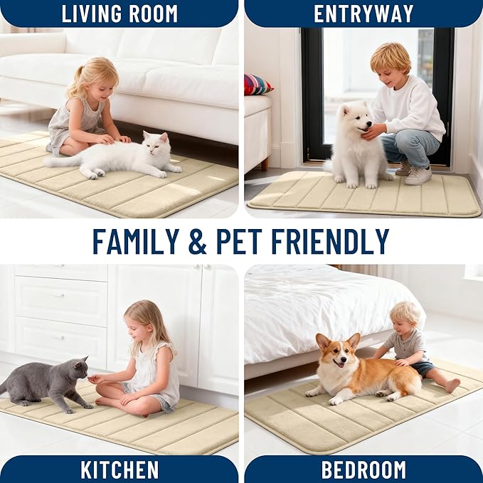 OLANLY Memory Foam Long Bathroom Rugs Runner 47x24, Super Soft Absorbent Bath Mat, Quick Dry, Machine Washable Shower Floor Rugs, Bathmat Carpet, Bathroom Home Decor Accessories, Beige