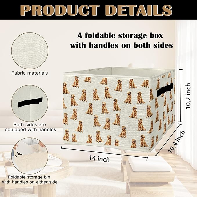 Golden Retriever Gifts Storage Bins & Boxes with Handles, Golden Retriever for Women Men Foldable Basket for Organizing, Dog Collapsible Storage Basket for Bedroom Bathroom Clothes Toys Books