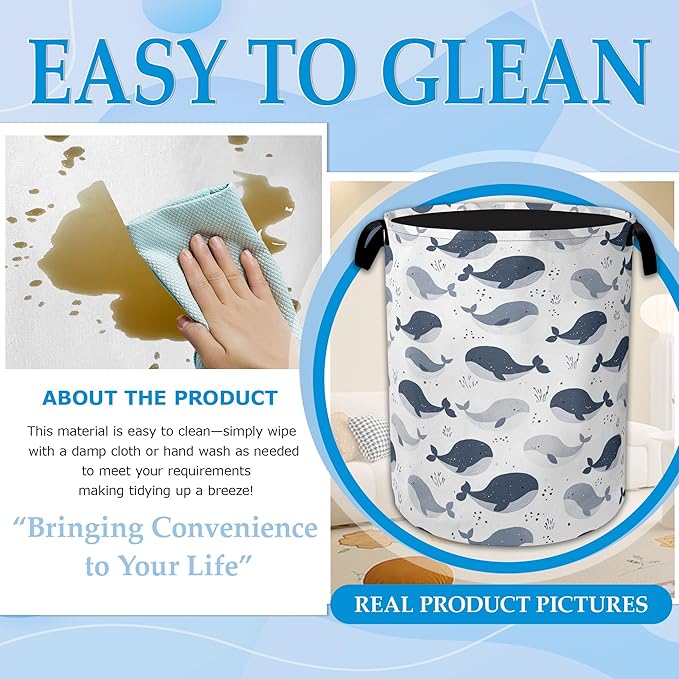 Cartoon Whale Laundry Basket Collapsible Laundry Hamper with Handle, Oxford Clothes Toy Storage Bin for Bathroom Bedroom Room Decor, Gift Basket 16" X 20.8"