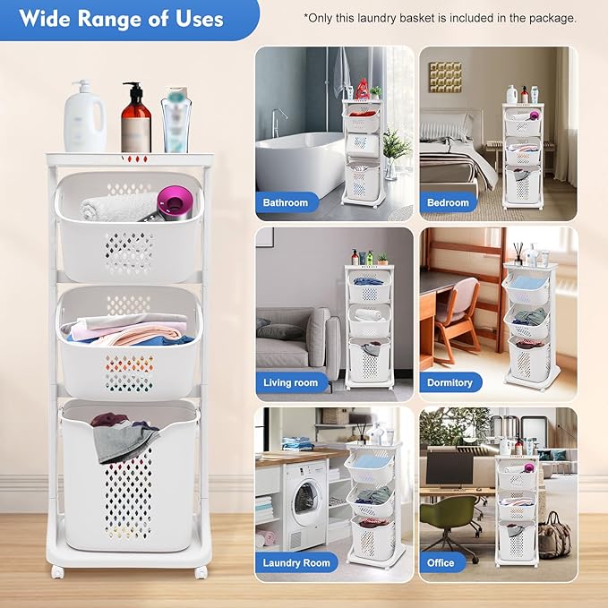 Laundry Basket, 3 Tiers Storage Basket Plastic Clothes Hamper Movable Clothes Hamper Bathroom Hampers With Wheels,Portable Freestanding Dirty For Laundry Room Organization