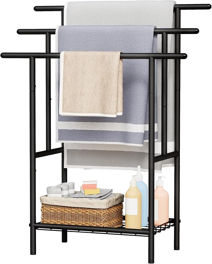 Free Standing Towel Racks for Bathroom, 3-Layer Towel Drying Rack with Storage Rack, Black Metal Pool Towel Rack Outdoor, 12" W x 25.8" L x 39.4" H, UXJMJ002B