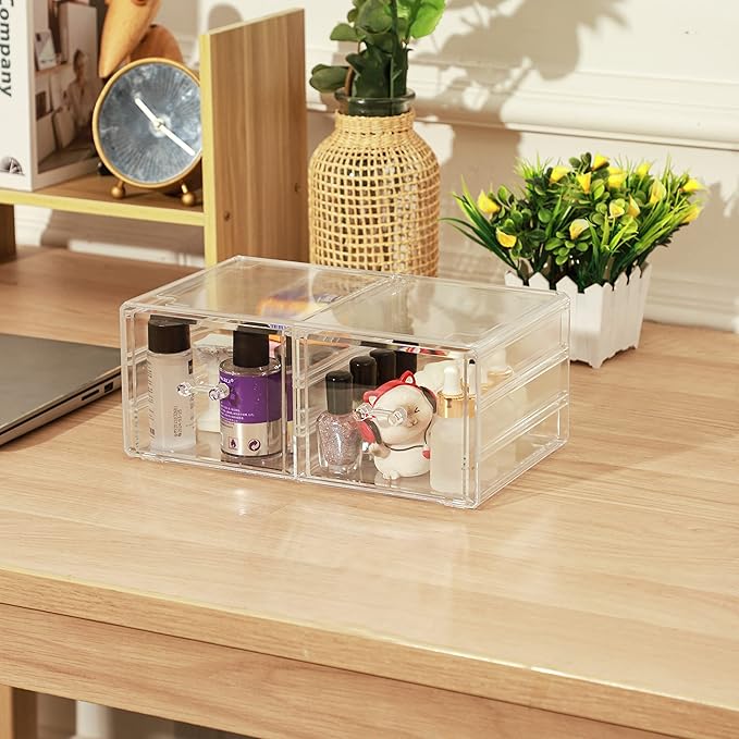 Cq acrylic Clear Acrylic Organizers Countertop,6 Drawers Stackable Storage Bins,Cute Clear Storage Bins for Vanity Jewelry,Hair Accessory,Beauty,Skin Care,Skincare Product Stackable Storage Drawers