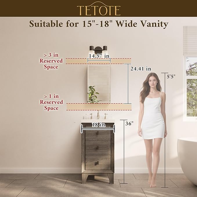 TETOTE 14 x 24 Medicine Cabinet with Tempered Beveled Mirror Black Aluminum Cabinet DTC Hinges, Stepless Adjustable Shelves, Recessed/Surface-Mounted