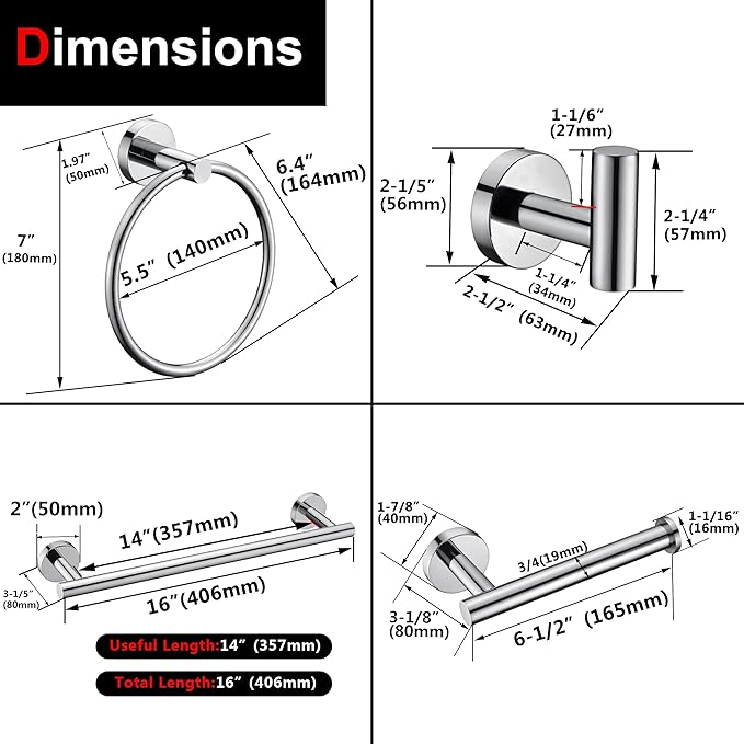 10 Pieces Polished Chrome Bathroom Hardware Accessories Set,Hand Towel Ring,16 inch Towel Bar,Toilet Paper Holder,4pcsTowel Hooks,Round SUS304 Stainless Steel Heavy Duty Wall Mount Holder,Towel Rack