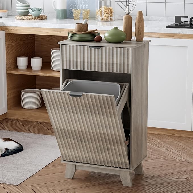 Double Tilt Out Laundry Hamper Cabinet, 20 Gallon Wooden Trash Can Cabinet with Storage Drawers, Hidden Fluted Garbage Can Holder for Kitchen, Living Room (Wood Grey, 20.47"W x 35.83"H x 13"D)