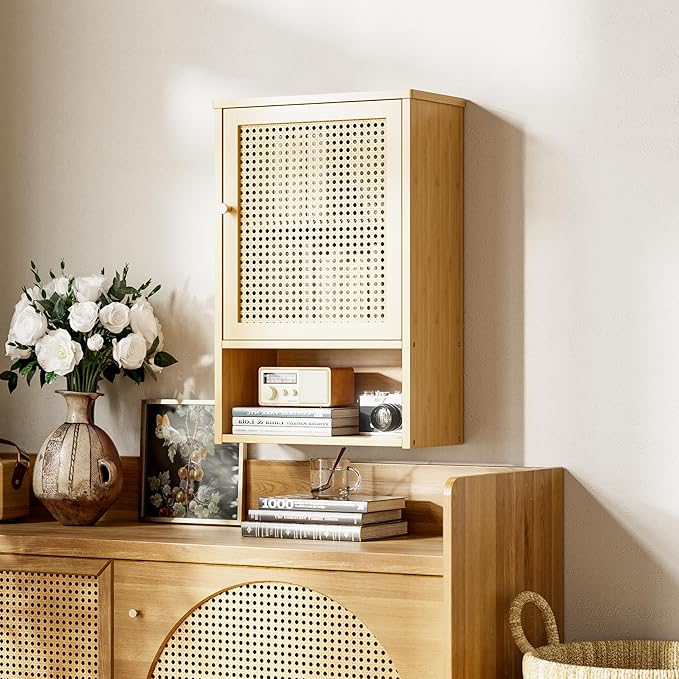HITNET Bathroom Wall Cabinet, Rattan Medicine Cabinet, Bamboo Hanging Storage Organizer Over The Toilet with Adjustable Shelf for Living Room, Kitchen, Hallway(Natural)