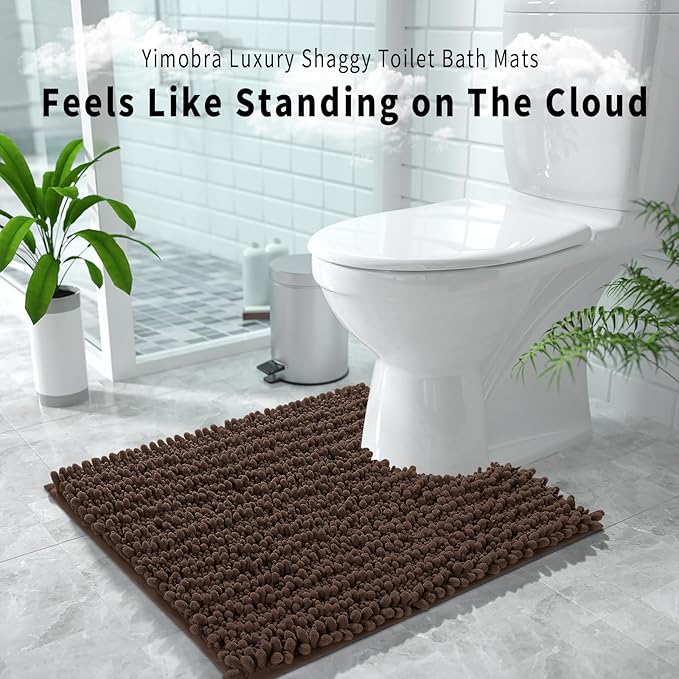 Yimobra Toilet Rug U Shaped Washable 24x24 Inch - Ultra Soft Absorbent Chenille Bath Rugs for Toilet, Quick Dry & Machine Washable, Non Slip Contour Bathroom Mat, Brown