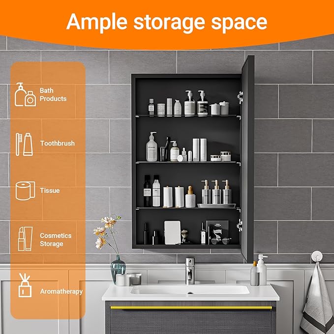 Matte Black Medicine Cabinet with Mirror 17x30 Inch, Surface Mount Only with 3 Adjustable Tempered Glass Shelves, Wall Mounted Bathroom Storage Cabinet Over Vanity