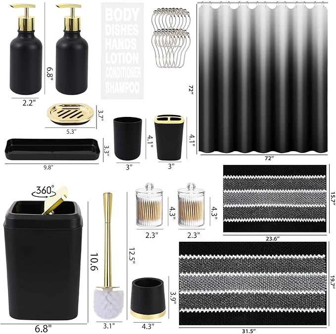 XLHOMO 25PCS Black Bathroom Accessories Sets Complete, with Shower Curtain, Rugs, Trash Can and Toilet Brush, Soap Dispenser, Toothbrush Holder and Cup, Soap Dish, Qtip Holder, Bathroom Decor Sets