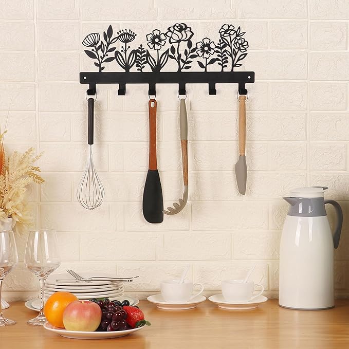 16 Inches Towel Rack Wall Mounted with 6 Hooks, Black Metal Key Hanger Keychain Holder for Entryway Front Door Hallway Mudroom, Waterproof Rustproof Kitchen Bathroom Organizer Home Decor