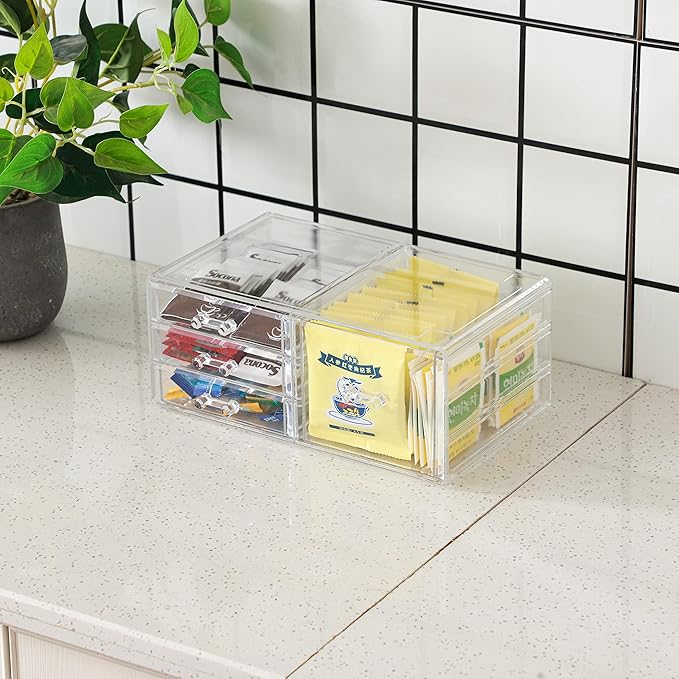 Cq acrylic 1 Pack Clear Stackable Storage Drawers for Vanity,Stackable 4 Drawers Desktop Organizer With Drawers,Cute Desk Storage for Office,Jewelry,Hair Clip,Beauty,Skincare and Make Up Organizers