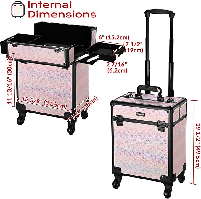 BYOOTIQUE Barber Case False Eyelash Storage Rolling Makeup Cart on Wheels Hairdressing Brush Bags Barber Suitcase for Wedding Beautician Manicurist Hairstylist,Blush ForgetMeNot