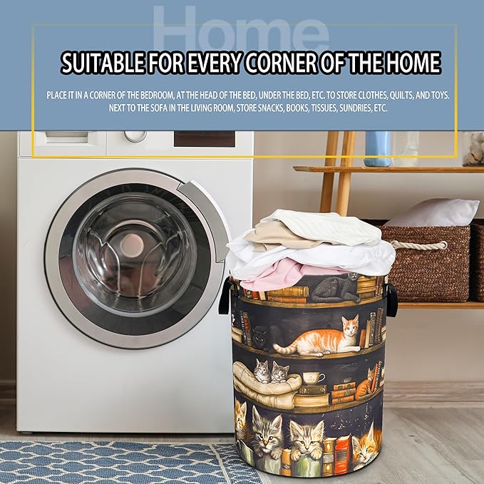 Cat On The Bookshelf Laundry Basket Cute Pet Foldable Waterproof Oxford Cloth Funny Tote Bag Laundry Hamper Clothes Storage Bucket Toy Organizer For Bathroom/Laundry Storage/Bedroom 18.9x16.5 Inch