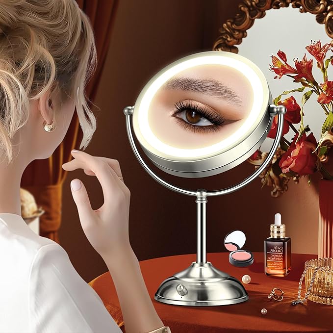 10X Magnifying Mirror with Light, Rechargeable 9" Lighted makeup mirror with magnification, 3 Color Modes, Adjustable Brightness, No Assembly Required, 360° Rotation Cosmetic Mirror, Pearl Nickel
