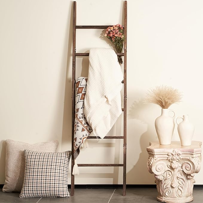 Blanket Ladder for The Living Room 6-Tier, Wooden Decorative Quilt Holder for Bed Room, Wall-Leaning Wood Towel Rack for Bathroom,Rustic Farmhouse Ladders for Display. (Washed Brown)