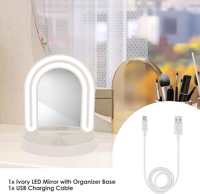 Glass Mirror with White LED, Wall Mirror for Bedroom, Living Room, or Hallway, USB Powered Lighted Mirror with Detachable Base, Body Mirrors for Bedroom & Home Décor, Ivory