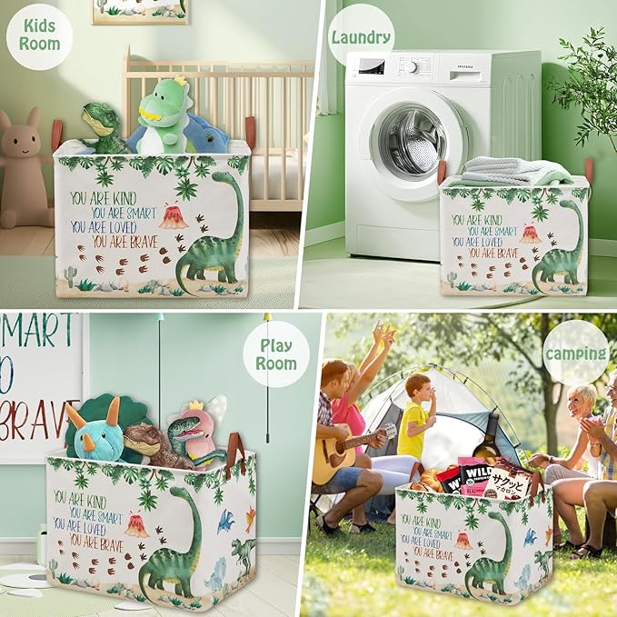 Dinosaur Nursery Decor Baby Gift Basket with Inspirational Quotes Large Kid Storage Chest Trunk Woodland Stone Volcano Book Shelf Basket Collapsible Clothes Toy Bin for Baby Rectangle Hamper,36L