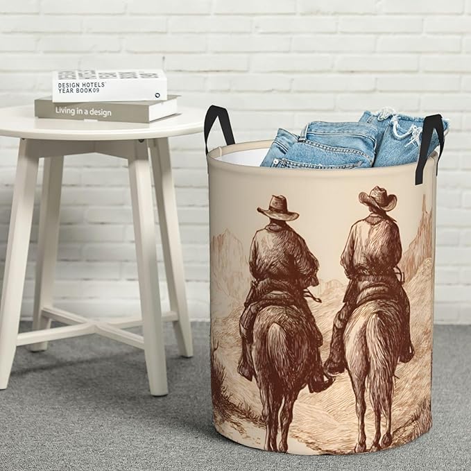 Western Cowboy Laundry Basket, Oxford Cloth Funny Laundry Hamper Clothes Storage Bucket Organizer For Bathroom/Laundry Storage/Bedroom 19.6x15.7 Inch