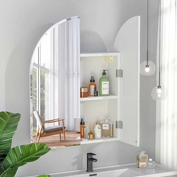 Beveled Edge Arched Medicine Cabinet with Mirror,2-Door Arch Surface Mount Medicine Cabinets Mirror,Frameless Mirrored Medicine Cabinets for Bathroom Mirror Cabinet,botiquines de baño 24x28
