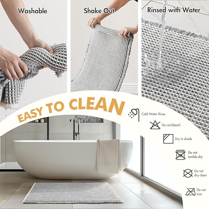 MIULEE Set of 2 Waffle Bathroom Rugs, Boho Bath Rugs Non Slip Washable, Super Absorbent Bath Mats, Ultra Soft Rubber Backed Shower Mats for Bathroom Floor, Tub, LightGrey & Cream, 17x24 Inch