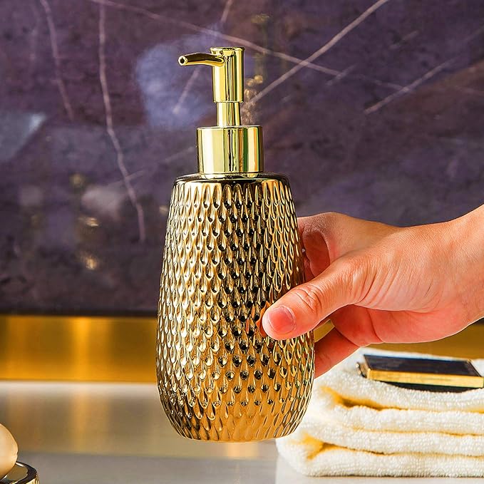 Gold Bathroom Accessory Set 4 Piece Ceramic Bath Accessories Sets Complete, Rain- Drop Shaped Bathroom Essential with Toothbrush Holder & Dish, Tumbler, Soap Dispenser Set for Bath Decor
