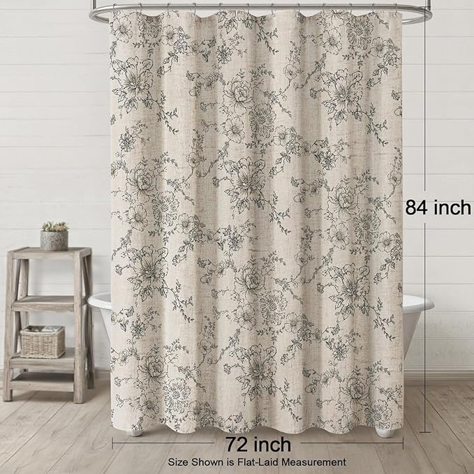 Farmhouse Floral Linen Shower Curtain, Vintage Grey Pattern Rustic Shower Curtains for Bathroom, Tan Taupe,Gray,72x84