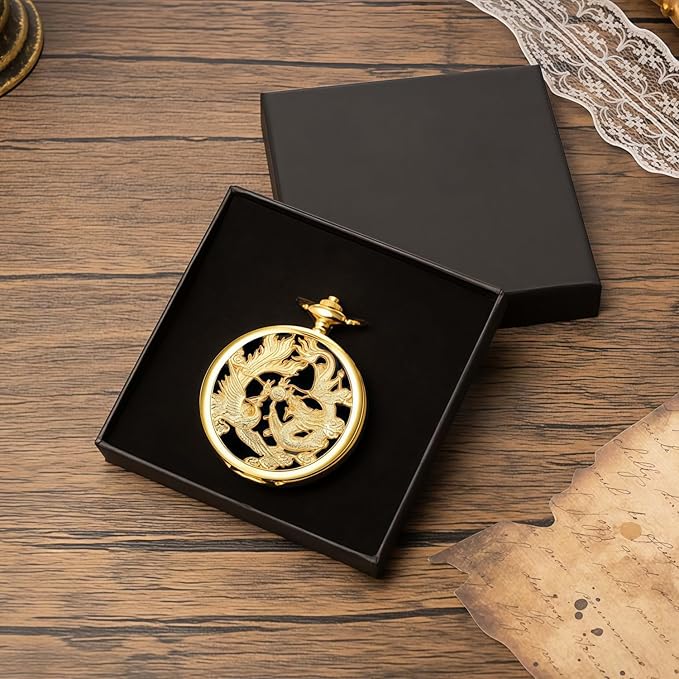 ManChDa Scrying Mirror Black Obsidian Mirror Lucky Dragon & Phoenix Pocket Watch Shell Witchcraft Kit Wiccan Supplies and Tools Witchy Gifts, Gold